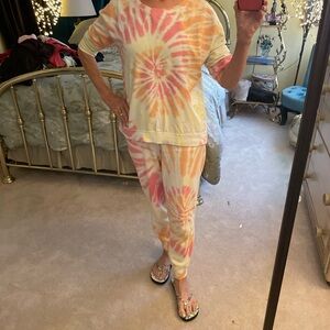 Jane and Delancey Tie Dye Jogger Set Top & Pants pink, yellow orange Sweat Suit